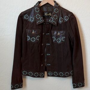 Scully Embroidered Western Leather Jacket Brown Turquoise Size Small